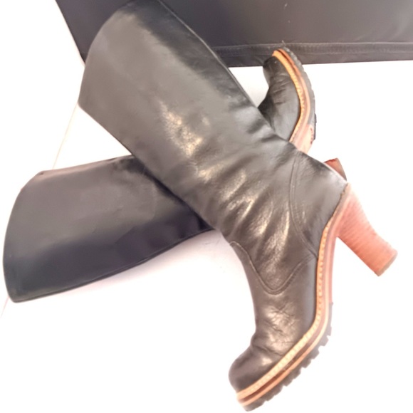 Frye Mildred Engineer 6.5 Black-Leather Buckled Pull-On High Heel Moto Boots - Picture 2 of 8